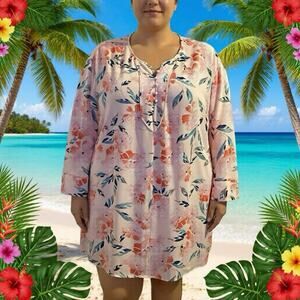 Sejour 3X Pink Sheer Floral Blouse Scoop Neck 3/4 Sleeve Church Work Teacher